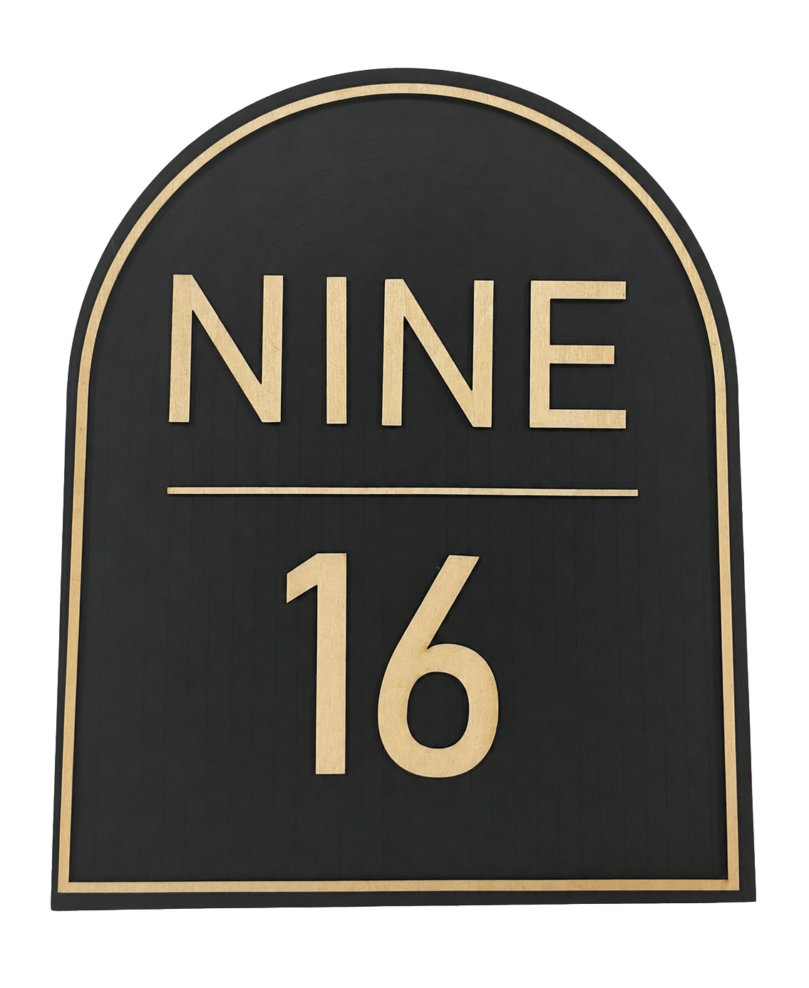 Black and natural wood custom address sign reading Nine 16
